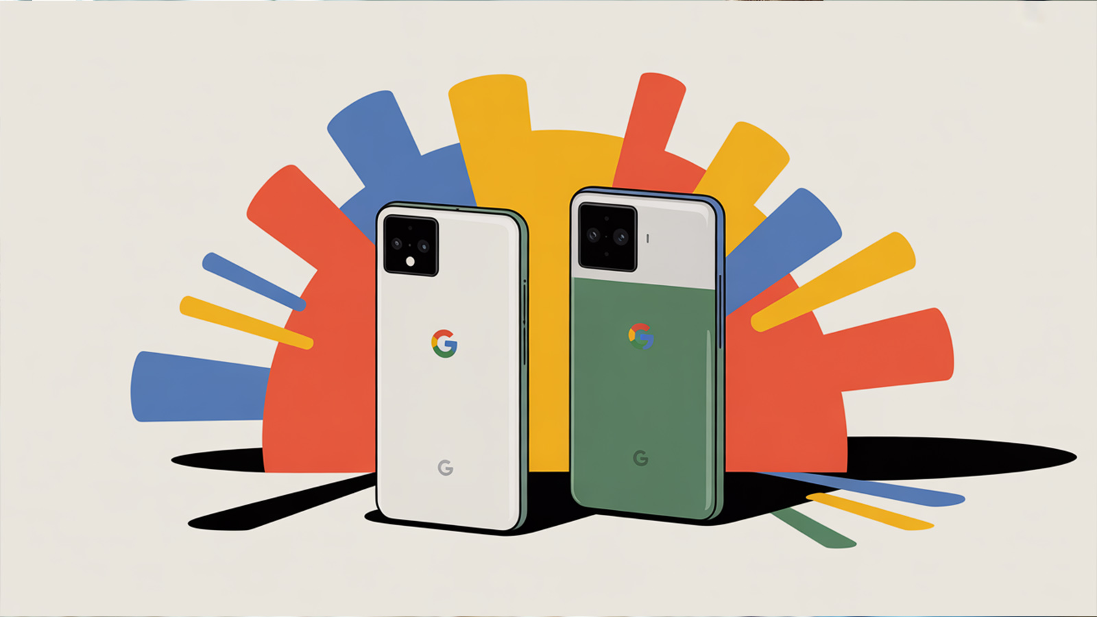 Google Pixel-mobiler i forskellige st&oslash;rrelser og farver p&aring; en ren, moderne baggrund