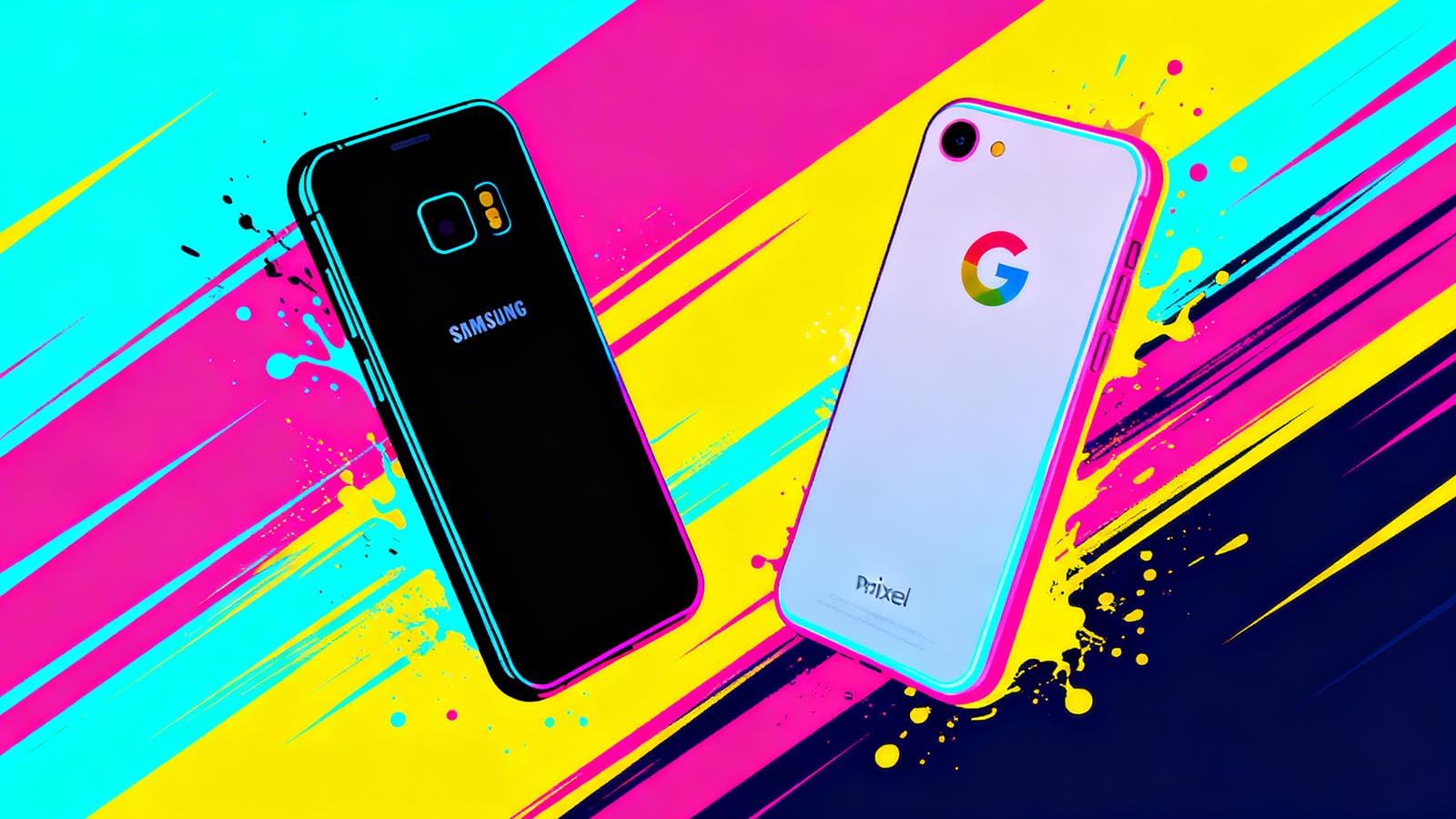 Google Pixel og Samsung Galaxy-mobiler side om side