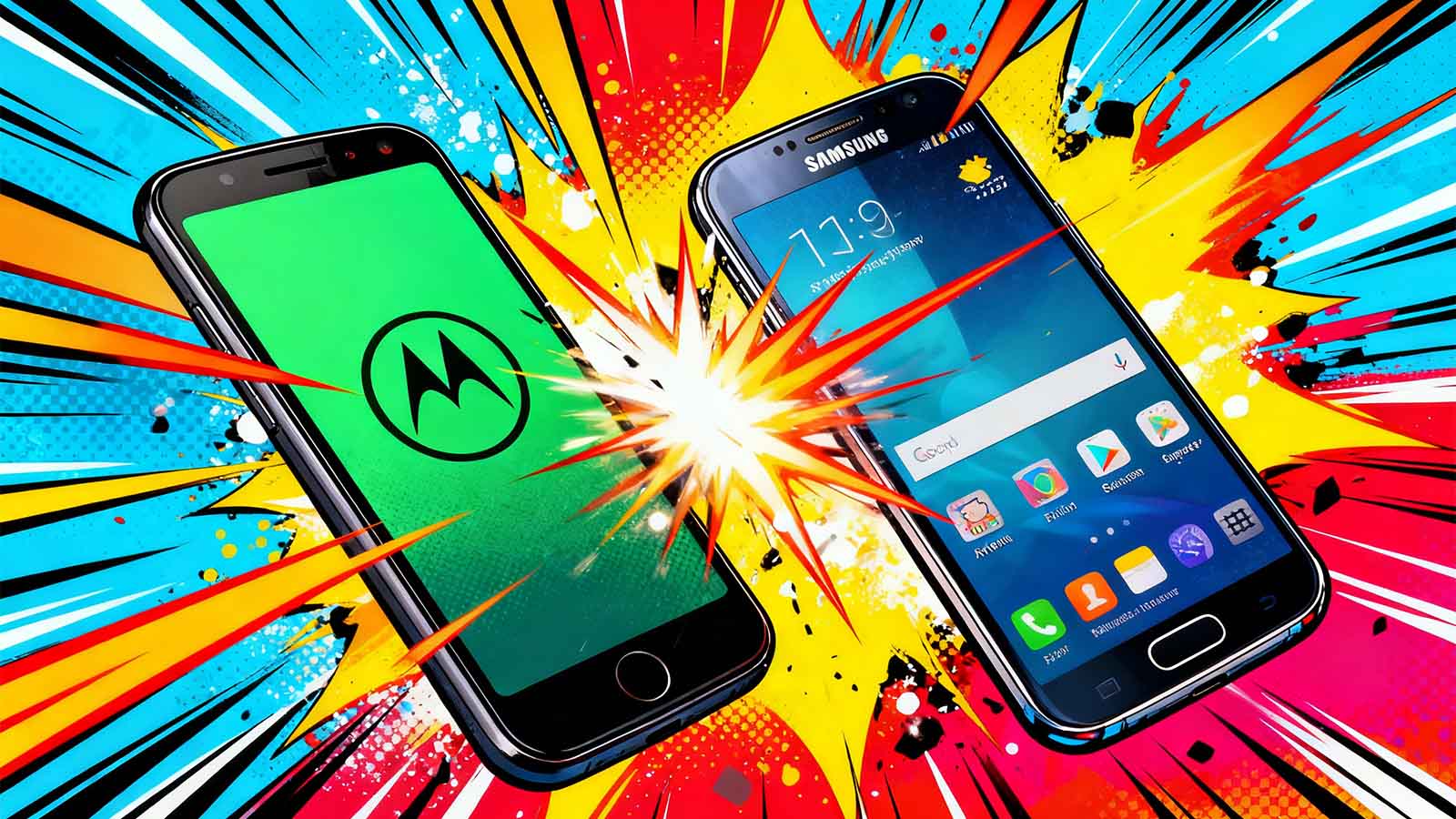 Motorola og Samsung smartphones side om side i en moderne sammenligningshero